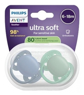 Avent 2 Ultra Soft 2 Chupetes Ortodoncia Silicona 6-18 Meses - Color: Azul/Verde