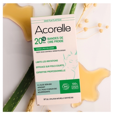 Acorelle Organiczne Paski z Zimnym Woskiem do Twarzy i Małych Stref 20 Pasków + 4 Gratis