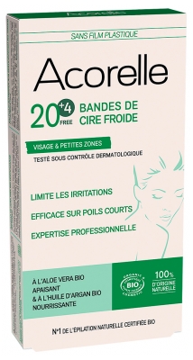 Acorelle Organiczne Paski z Zimnym Woskiem do Twarzy i Małych Stref 20 Pasków + 4 Gratis