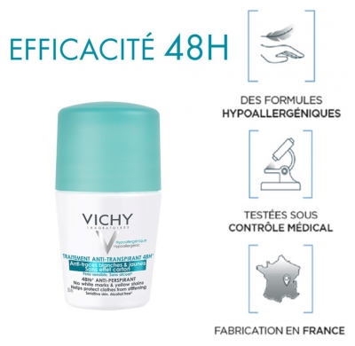 Vichy Déodorant Anti-Transpirant Anti-Traces Roll-On 48H Lot de 2 x 50 ml