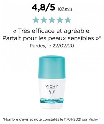 Vichy Déodorant Anti-Transpirant Anti-Traces Roll-On 48H Lot de 2 x 50 ml
