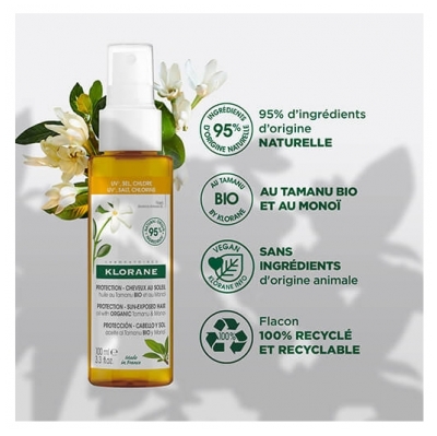 Klorane Protection Cheveux au Soleil Huile au Tamanu Bio et au Monoï 100 ml