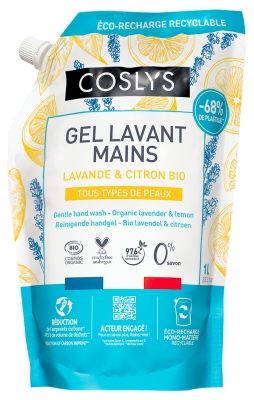 Coslys Gel Lavant Mains Lavande & Citron Bio Éco-Recharge 1 L