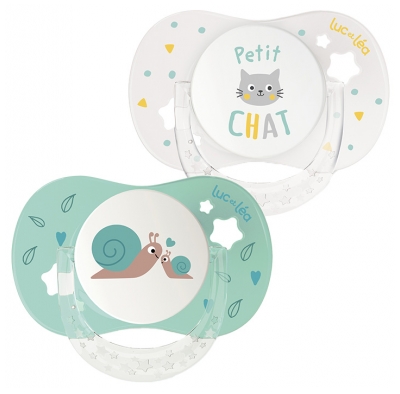 Luc et Léa Essentiel 2 Sucettes Anatomiques Collerette Confort + 6-18 Mois - Modèle : Petit Chat et Escargots