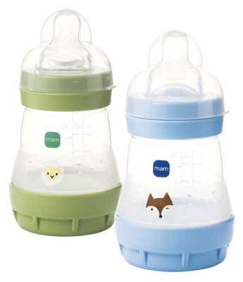 MAM 2 Biberons Easy Start 160 ml 0 Mois et + Débit 1 Lent - Couleur : Vert/Bleu