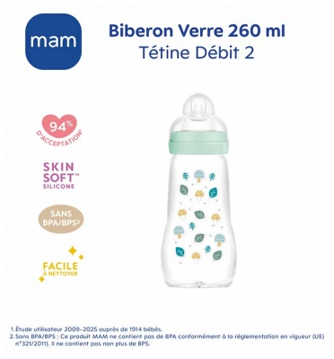 MAM Biberon Verre Premium 260 ml 2 Mois et + Débit 2 Moyen - Couleur : Vert