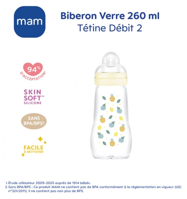 MAM Biberon Verre Premium 260 ml 2 Mois et + Débit 2 Moyen - Couleur : Jaune