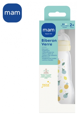 MAM Premium Glass Bottle 260ml 2 Months and + Flow 2 - Colour: White