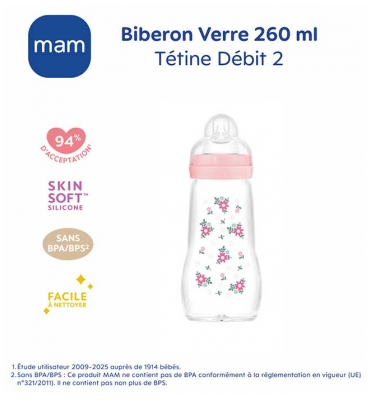 MAM Biberon Verre Premium 260 ml 2 Mois et + Débit 2 Moyen