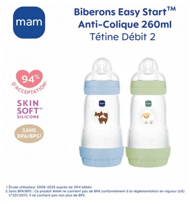 MAM 2 Biberons Easy Start 260 ml 2 Mois et + Débit 2 - Couleur : Océan/Sable