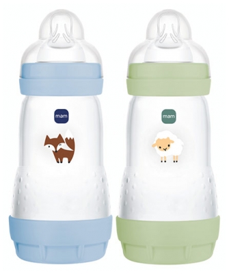 MAM 2 Biberons Easy Start 260 ml 2 Mois et + Débit 2 - Couleur : Océan/Sable