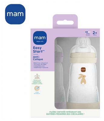 MAM 2 Baby Bottles Easy Start 260 ml 2 Months and + Flow 2 - Colour: Lilac/Sand