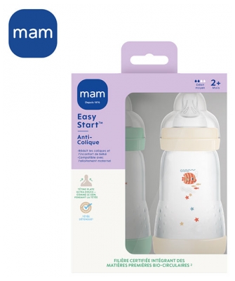 MAM 2 Baby Bottles Easy Start 260 ml 2 Months and + Flow 2 - Colour: Mint/Cotton
