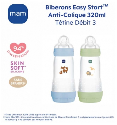 MAM 2 Biberons Easy Start 320 ml 4 Mois et + Débit 3 - Couleur : Vert Moutons / Bleu Renards