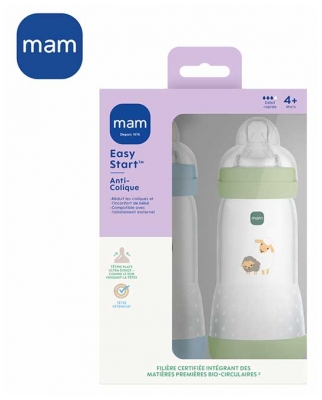 MAM 2 Biberons Easy Start 320 ml 4 Mois et + Débit 3 - Couleur : Vert Moutons / Bleu Renards