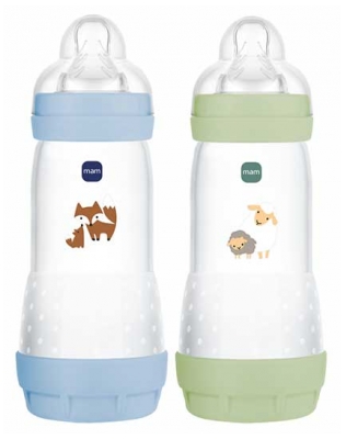 MAM 2 Biberons Easy Start 320 ml 4 Mois et + Débit 3 - Couleur : Vert Moutons / Bleu Renards