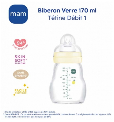 MAM Biberon Verre Premium 170 ml 0 Mois et + Débit 1 - Modèle : Cocktail de Fruits