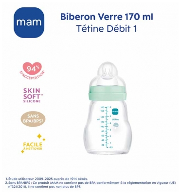 MAM Biberon Verre Premium 170 ml 0 Mois et + Débit 1 - Modèle : Forêt
