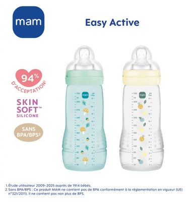 MAM Easy Active 2 Biberons 2ème Âge 330 ml 6 Mois et + Débit Très Rapide - Couleur : Pearl/Vert d'Eau