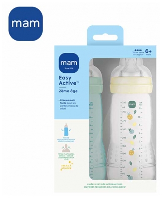 MAM Easy Active 2 Biberons 2ème Âge 330 ml 6 Mois et + Débit Très Rapide - Couleur : Pearl/Vert d'Eau