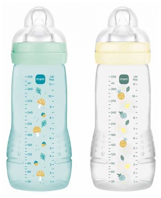 MAM Easy Active 2 Biberons 2ème Âge 330 ml 6 Mois et + Débit Très Rapide - Couleur : Pearl/Vert d'Eau