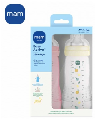 MAM Easy Active 2 Biberons 2ème Âge 330 ml 6 Mois et + Débit Très Rapide