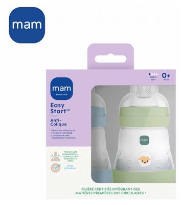 MAM 2 Biberons Easy Start 160 ml 0 Mois et + Débit 1 Lent - Couleur : Vert/Bleu