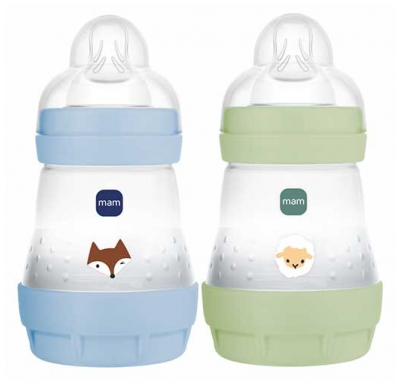 MAM 2 Biberons Easy Start 160 ml 0 Mois et + Débit 1 Lent - Couleur : Vert/Bleu