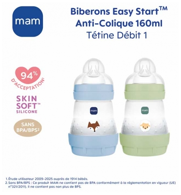 MAM 2 Zuigflessen Easy Start 160 ml 0+ Maanden Debiet 1 Langzaam - Kleur: Groen/Blauw