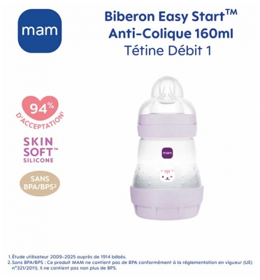 MAM Biberon Easy Start 160 ml 0 Mois et + Débit 1 Lent - Couleur : Mauve Chat