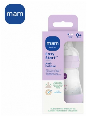 MAM Biberon Easy Start 160 ml 0 Mois et + Débit 1 Lent - Couleur : Mauve Chat