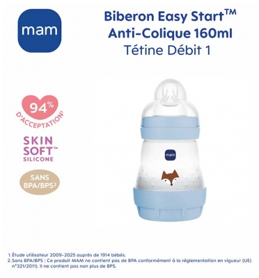 MAM Biberon Easy Start 160 ml 0 Mois et + Débit 1 Lent - Couleur : Bleu Renard