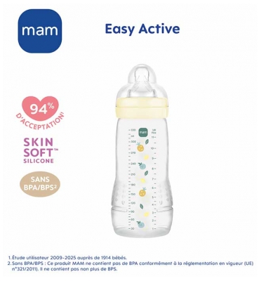 MAM Easy Active Biberon 2ème Âge 330 ml 6 Mois et + Débit Très Rapide - Couleur : Pearl
