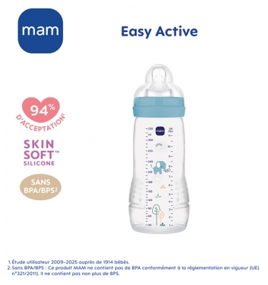 MAM Easy Active Biberon 2ème Âge 330 ml 6 Mois et + Débit Très Rapide - Couleur : Bleu
