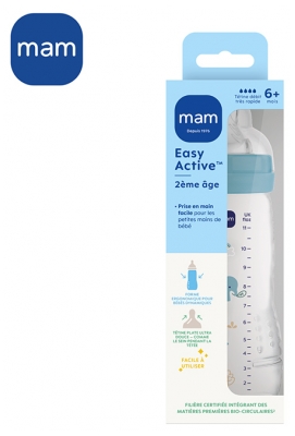 MAM Easy Active Biberon 2ème Âge 330 ml 6 Mois et + Débit Très Rapide - Couleur : Bleu