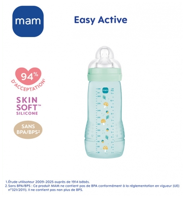 MAM Easy Active Biberon 2ème Âge 330 ml 6 Mois et + Débit Très Rapide - Couleur : Vert d'Eau
