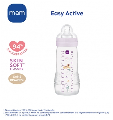 MAM Easy Active Biberon 2ème Âge 330 ml 6 Mois et + Débit Très Rapide - Couleur : Lilas