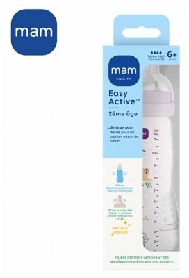 MAM Easy Active Biberon 2ème Âge 330 ml 6 Mois et + Débit Très Rapide - Couleur : Lilas