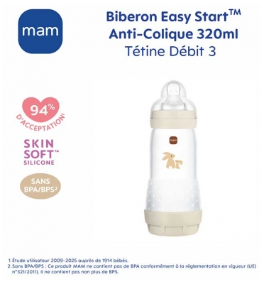 MAM Biberon Easy Start 320 ml 4 Mois et + Débit 3 Rapide - Couleur : Sable