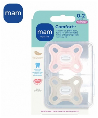 MAM Comfort 2 silikonové dudlíky 0 - 2 měsíce a sterilizační box - Barva: R?žová a béžová