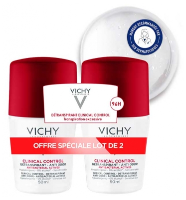 Vichy Déodorant 96H Clinical Control Détranspirant Anti-Odeur Roll-On Lot de 2 x 50 ml