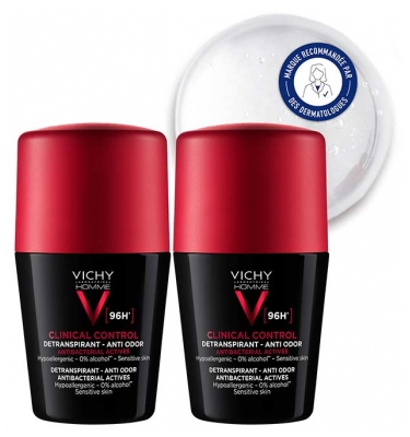 Vichy Homme Clinical Control Déodorant Détranspirant Anti-Odeur 96H Roll-On Lot de 2 x 50 ml