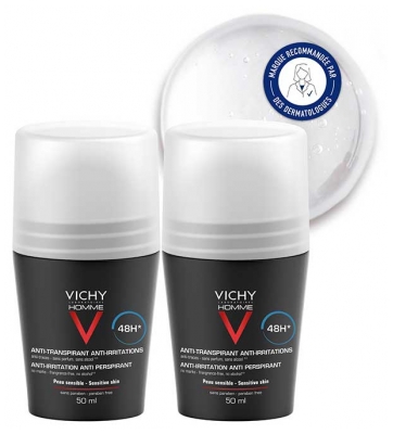 Vichy Homme Déodorant Anti-Transpirant Anti-Irritations 48H Roll-On Lot de 2 x 50 ml