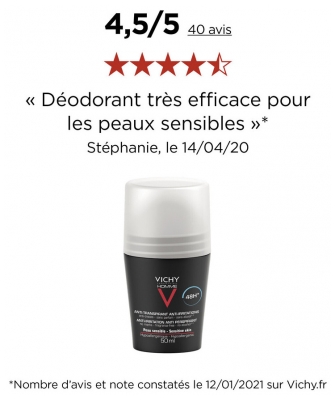 Vichy Homme Déodorant Anti-Transpirant Anti-Irritations 48H Roll-On Lot de 2 x 50 ml