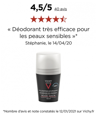Vichy Homme Déodorant Anti-Transpirant Anti-Irritations 48H Roll-On Lot de 2 x 50 ml