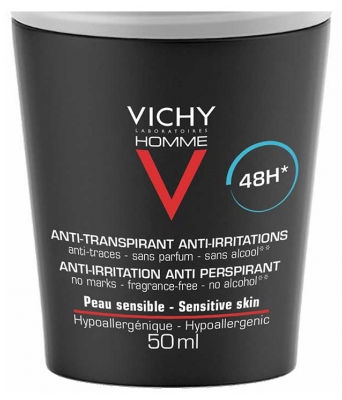 „Vichy Homme“ dezodoruojantis antiperspirantas nuo sudirginimo 48 valandas su rutulėliu, 2 x 50 ml pakuotė