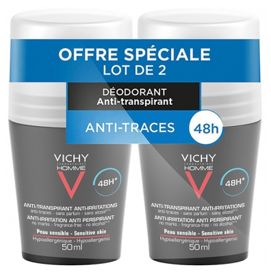 „Vichy Homme“ dezodoruojantis antiperspirantas nuo sudirginimo 48 valandas su rutulėliu, 2 x 50 ml pakuotė
