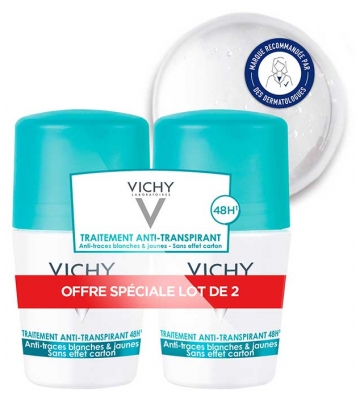 Vichy Déodorant Anti-Transpirant Anti-Traces Roll-On 48H Lot de 2 x 50 ml