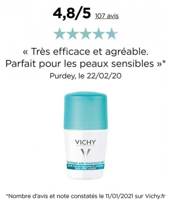 Vichy Déodorant Anti-Transpirant Anti-Traces Roll-On 48H Lot de 2 x 50 ml