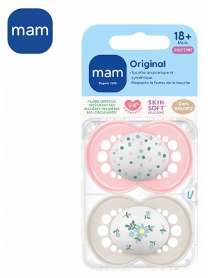 MAM 2 Sucettes Original Classique 18 Mois et + - Modèle : Pois Roses et Fleurs Bleues